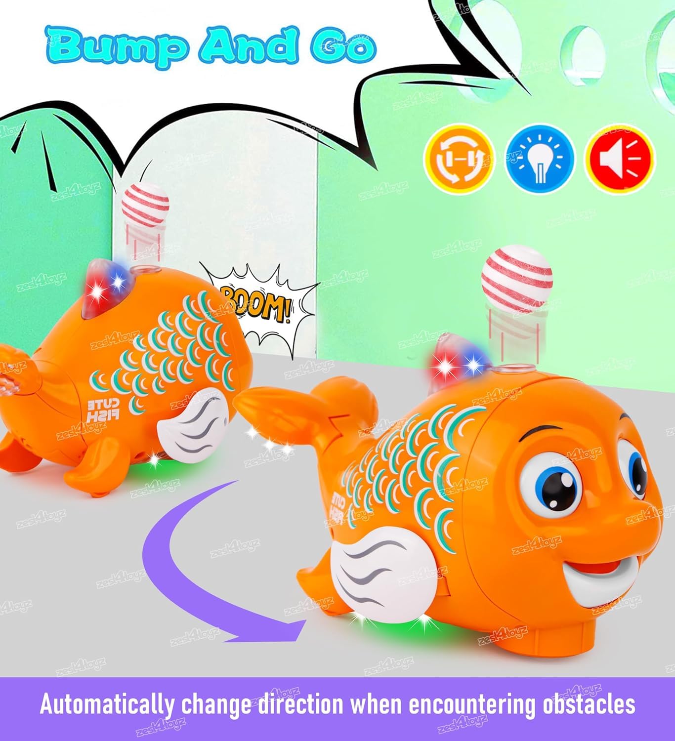 BumpGo Orange™ | Pez Musical para niños con Rueda Universal Bump Go, Función de Bola de Soplado y Luz Intermitente.
