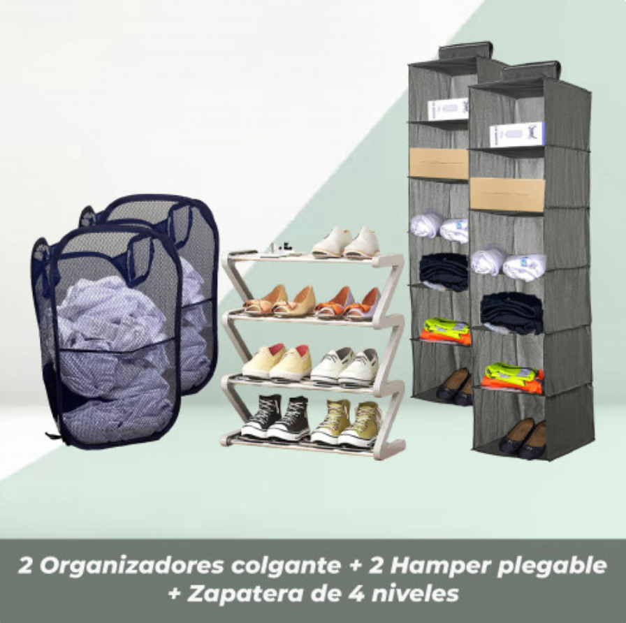 ComboOrganizer™ |Zapatera de 4 niveles + 2 Organizadores Colgantes de Closets + Hampers plegables de Tela